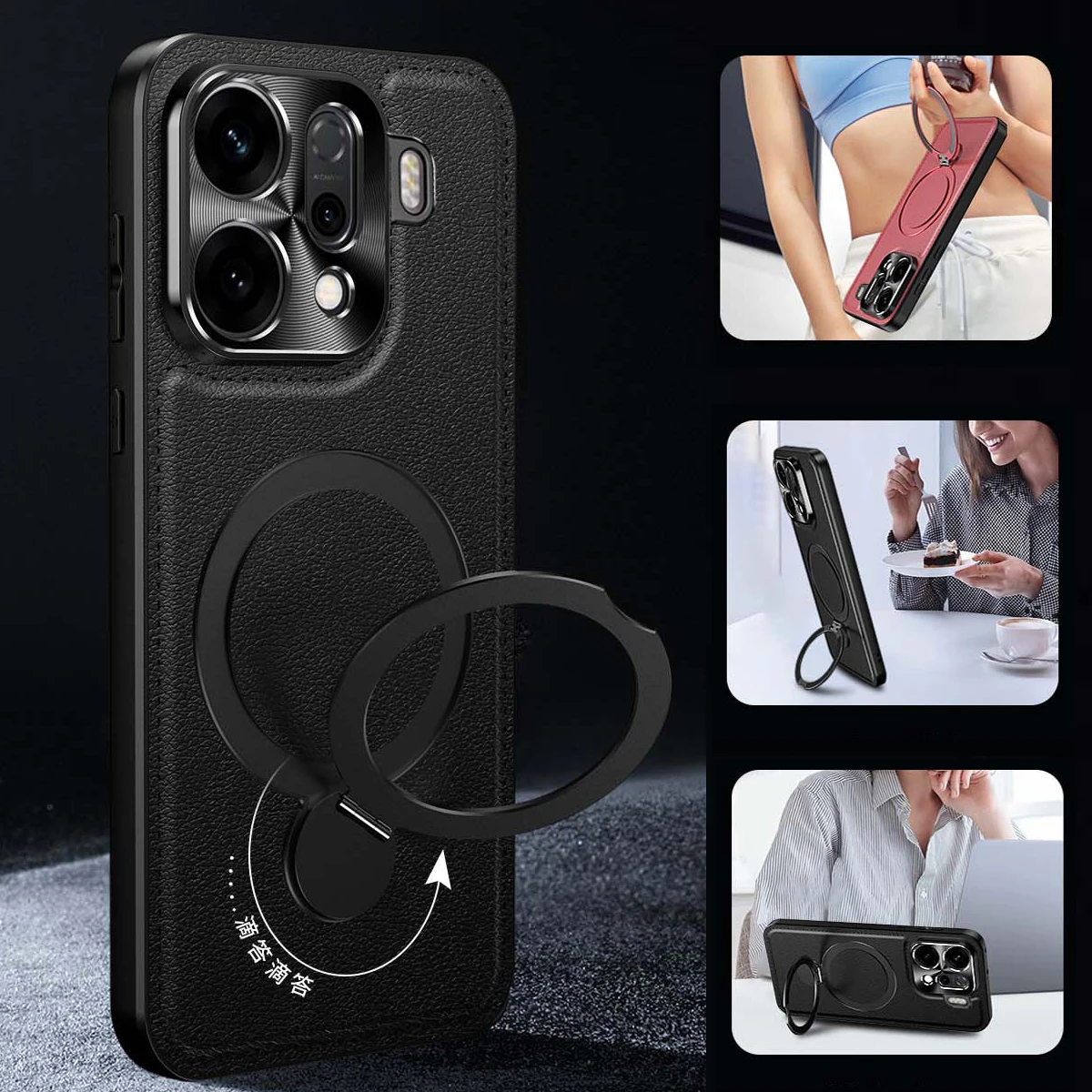 

For OPPO Find X9 Pro Magnetic Wireless Charging Phone Case Metal Lens Protect Silicone Soft Leather Back Cover Cases with Holder