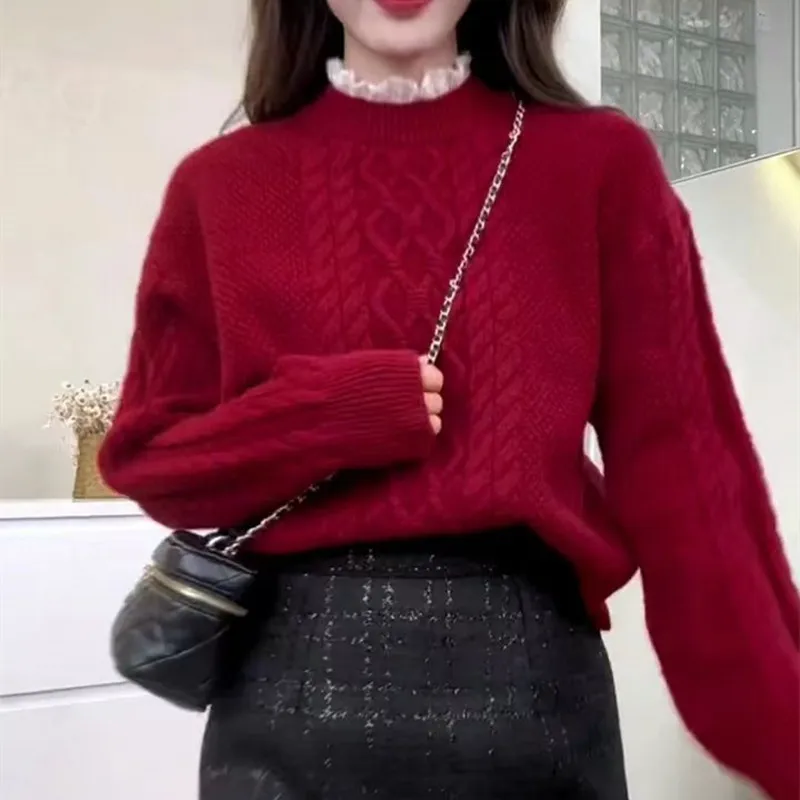 Fake Two-piece All-match Lace Stitching Sweater Sweet College Style Winter and Spring Knitted Top for Women