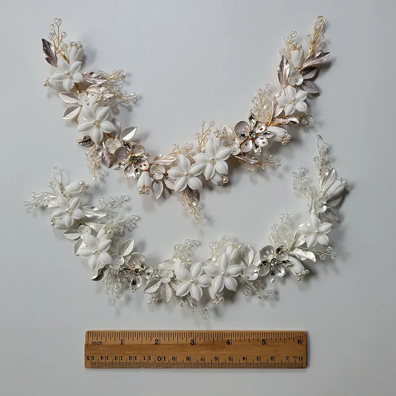 SLBRIDAL Handmade Alloy Flower Leaf Rhinestones Ceramic Flower Bridal Headband Wedding Headpieces Bridesmaids Women Hair Jewelry