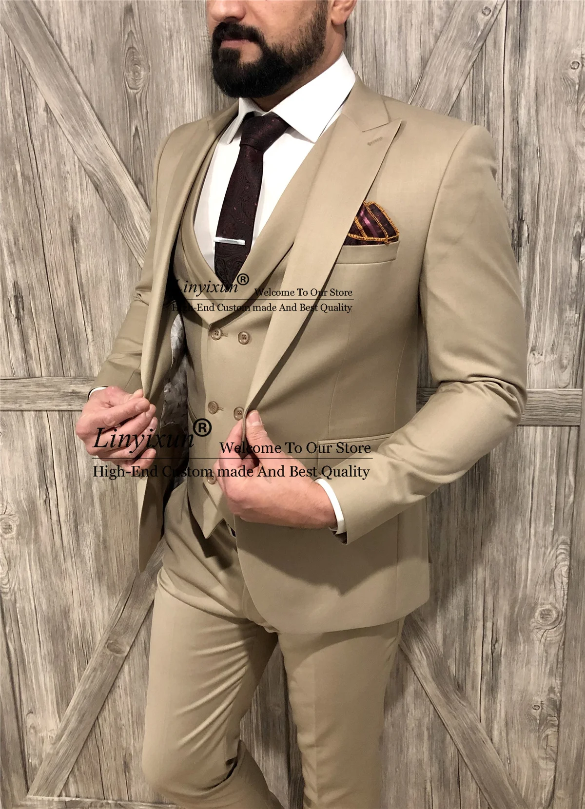 

Formal Beige Slim Fit Mens Suit Peak Lapel Casual Wedding Tuxedos For Groom 3 Pieces Set Business Male Blazers Terno Masculino