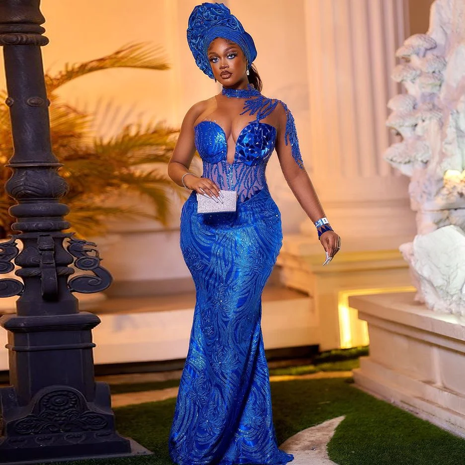 Graceful Royal Blue Aso Ebi Style Evening Dresses Plus Size African Women Asoebi Lace Dress Custom Made Beaded Mermaid Prom Gown