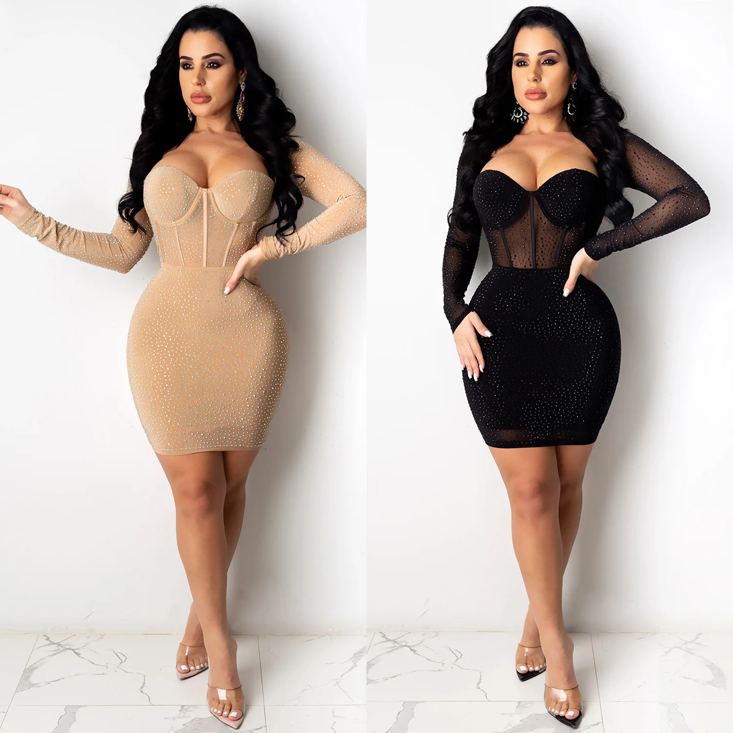 Nightclub Party Party Club Hot Rhinestone Mesh See-Through Dress Midi Dresses