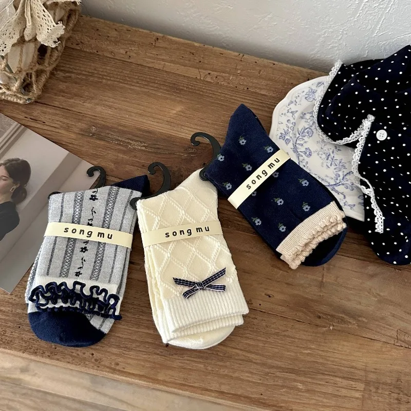 3 Pairs  Bow Flower Socks for Women Mid-Calf Length Fall Winter New Korean Style Designer Socks Female Cotton Socks High Quality