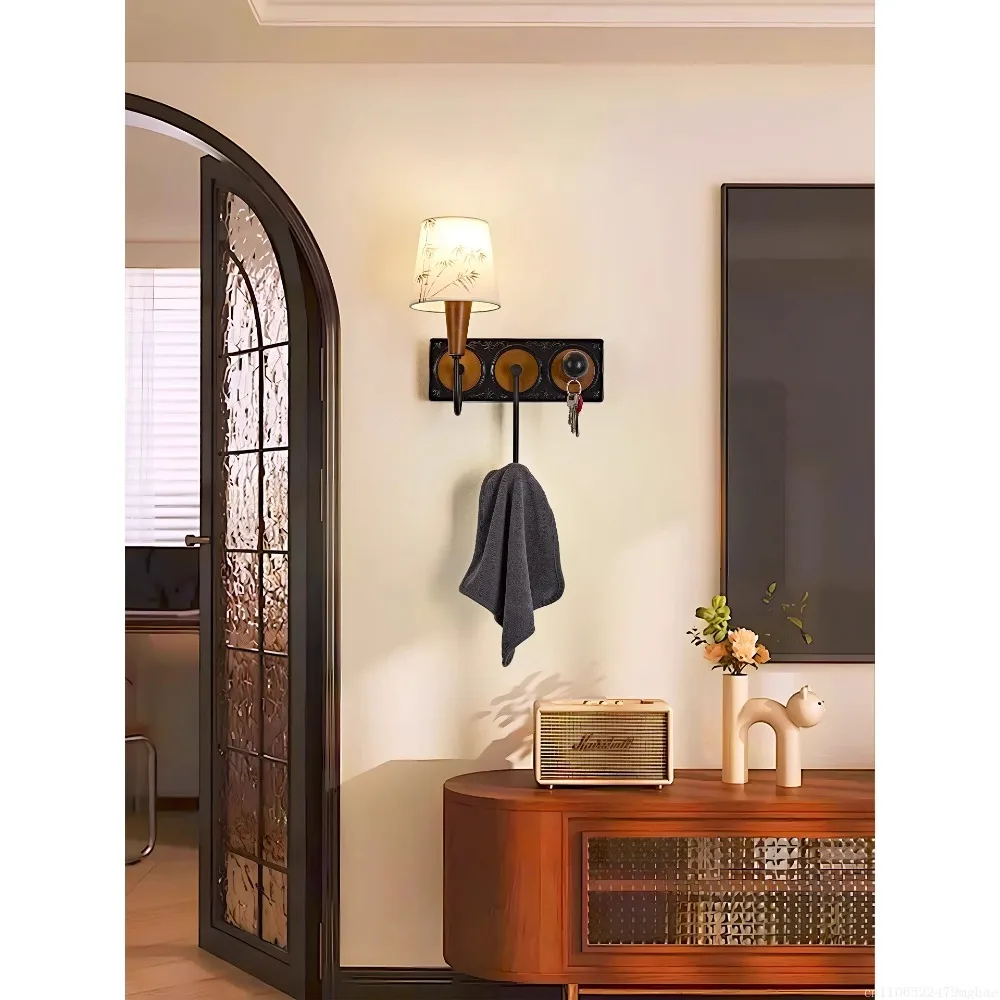 Mid-Century Modern Exquisite Wall Lamp with Walnut Tone, Fabric & Bamboo Print