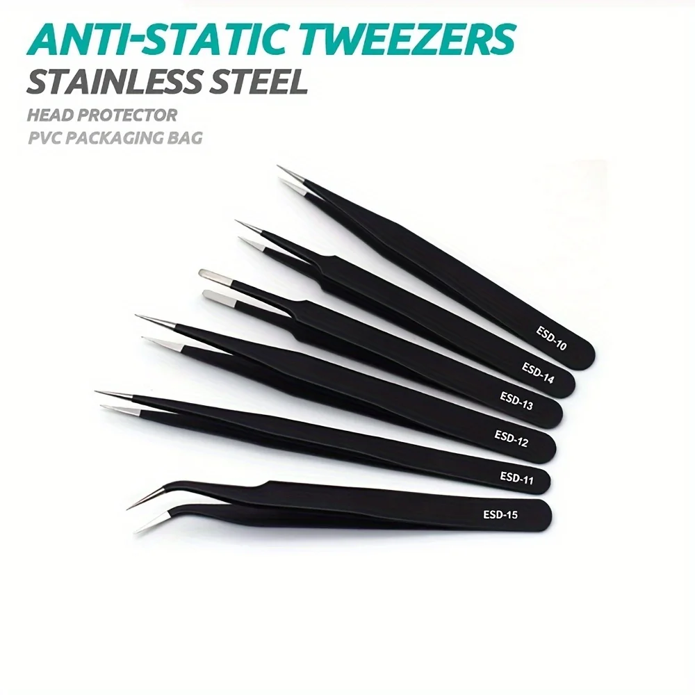 Anti-static ESD Stainless Steel Tweezers Maintenance Tool Industrial Precision Curved Straight Tweezers Repair Tools Set