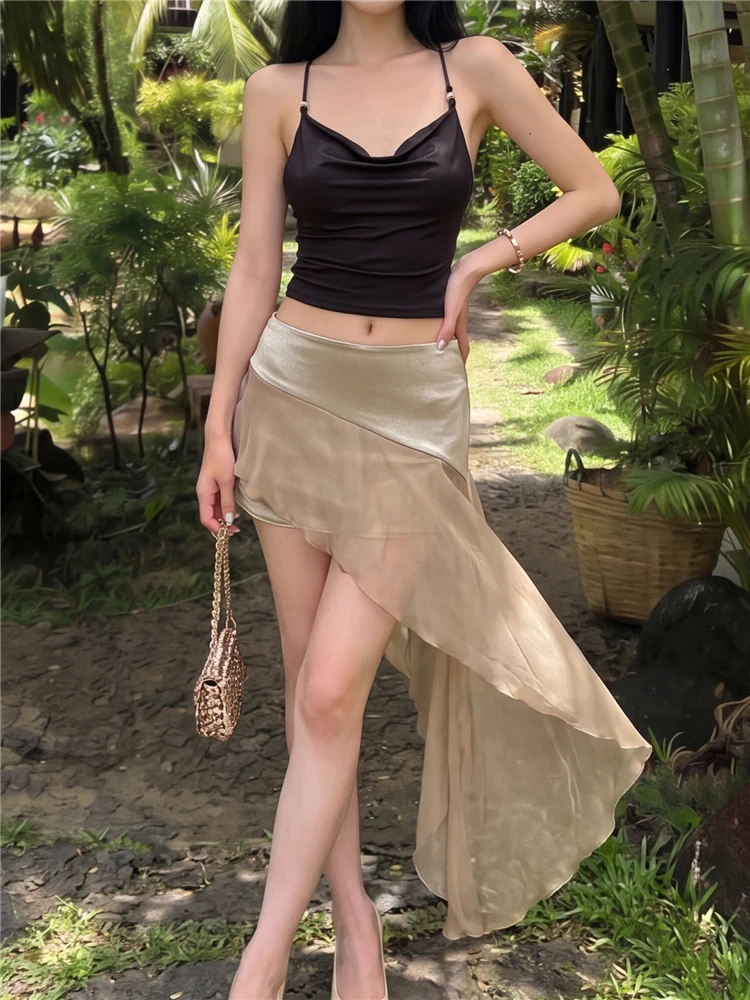 Kliou Silky Elegant Mesh Mini Skirts Woman Summer Trend Elastic Waist Irregular Shape Hem Midnight Club Party Hipster Bottoms