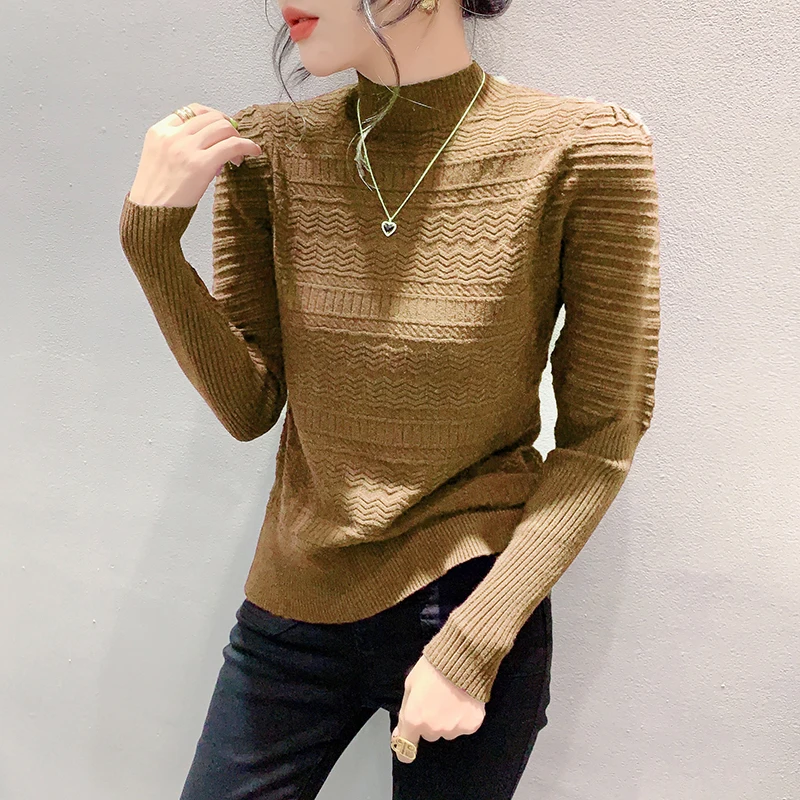 2024 New Fall Winter European Clothes Knitted Sweater Sexy Mock Neck Solid Tops Long Sleeve Women Casual Bottoming Shirt 312041