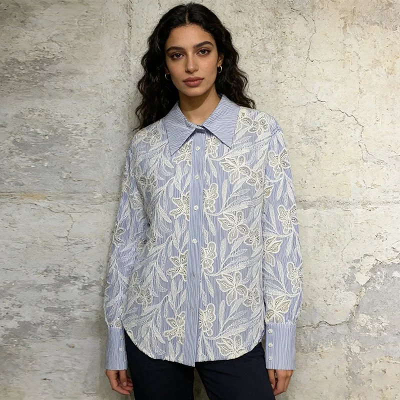 

Женская рубашка SuperAen в стиле ретро с вышивкой, весна 2026, новый дизайн, воротник-стойка, в полоску, с длинным рукавом, свободный крой