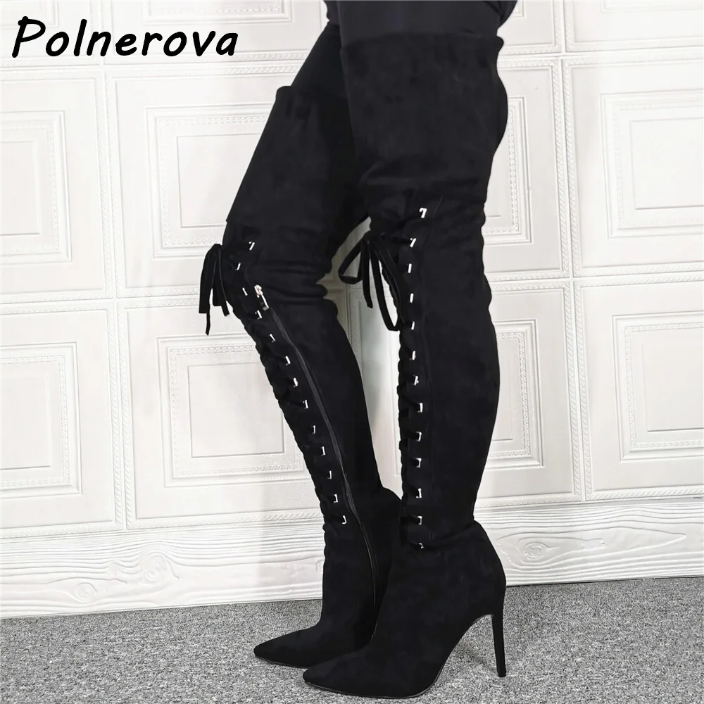

Черные высокие сапоги до бедра с перекрестной завязкой на шнуровке и боковой молнией с острым носком на тонком каблуке Сексуальная зимняя обувь Модные женские теплые длинные сапоги