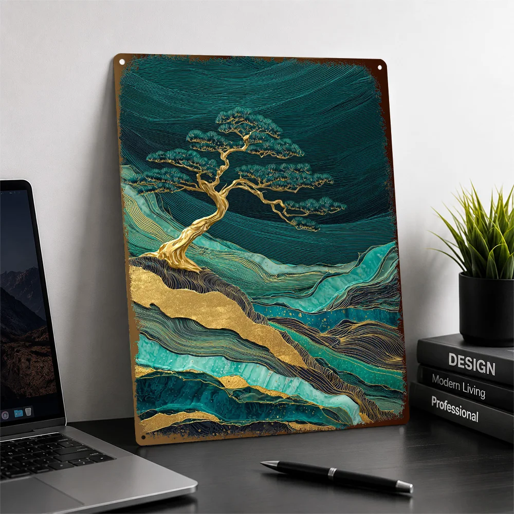 Golden Pine Tree On Teal Waves Aluminum Poster Customized Metal Sign Bold Serene Horizon Wall Art Made For Outdoor Enthusiasts