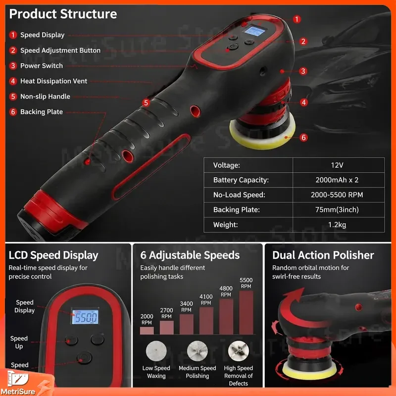 Cordless Car Polisher Nano Polisher Digital Mini Buffer Kit for Auto Detailing with Extension Shaft 12V Rechargeable Polisher