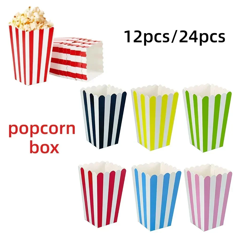 12/24pcs Popcorn Boxes Colorful Stripes Stiff Paper Box Pop Corn Wedding Birthday Christmas Party Packaging Decor Party Supplies