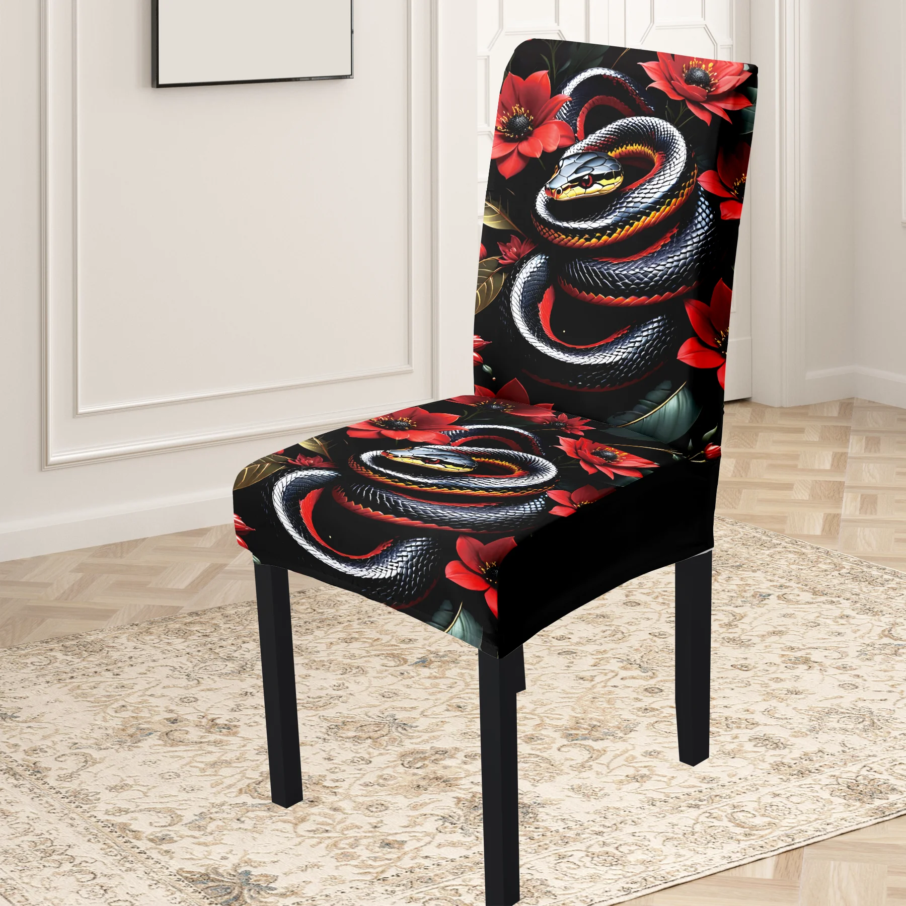 2D 2024 New Elastic Full - Coverage Chair Cover, Cool Snake & Red Flower Print, Summer Outdoor & Indoor