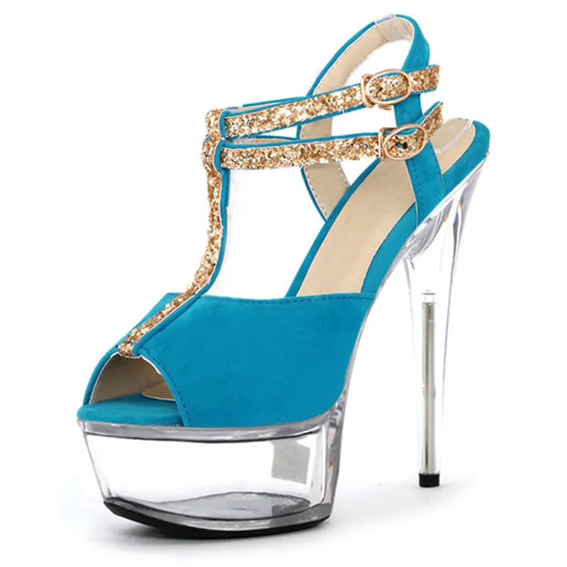 

15cm heels, party stage sandals, T-strap, sequinned fish-mouth high-heeled runway sandals