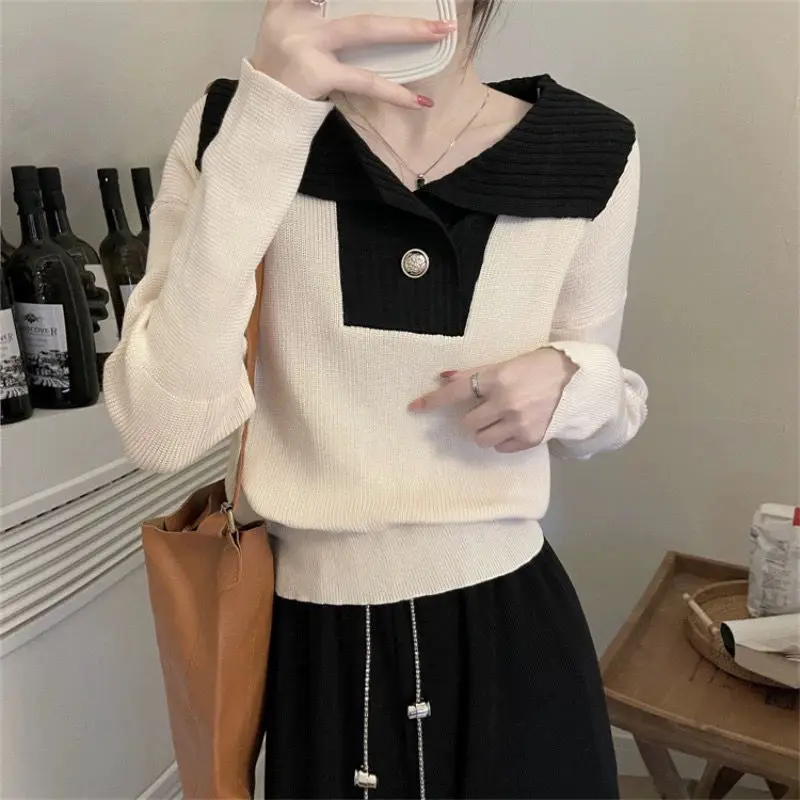 Damski krótki sweter z dużym kołnierzem, blokami kolorów, idealny na wiosnę, jesień i zimę, mały, luźny, bazowy sweter dzianinowy, modny top.