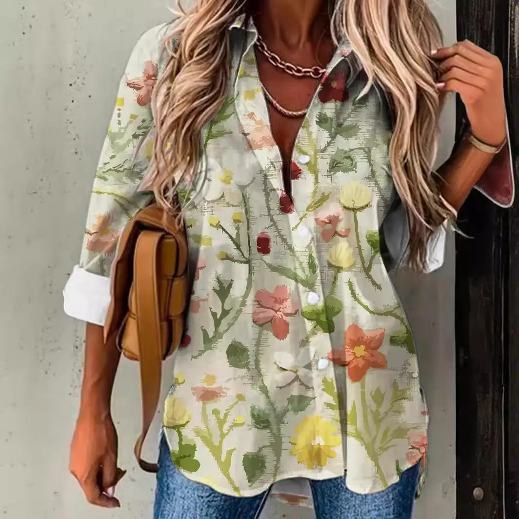 

Женская блузка с цифровым принтом, на пуговицах, с воротником, рукавом 3/4, эластичной талией, летняя коллекция 2024, модная женская одежда премиум-класса