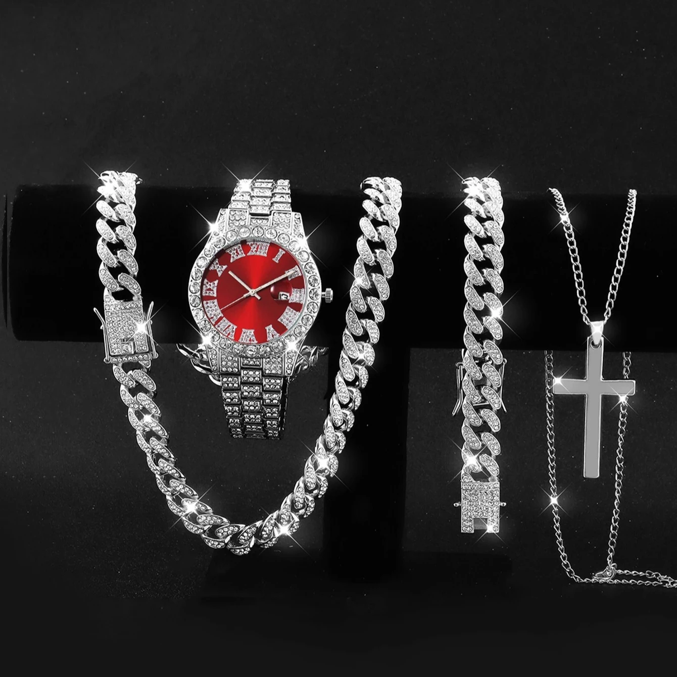 4PCS Luxury Rhinestone Men Calendar Quartz Watch Hip Hop Necklaces Bracelet Set Fashion Stainless Steel Band Mens Wristwatch view 2