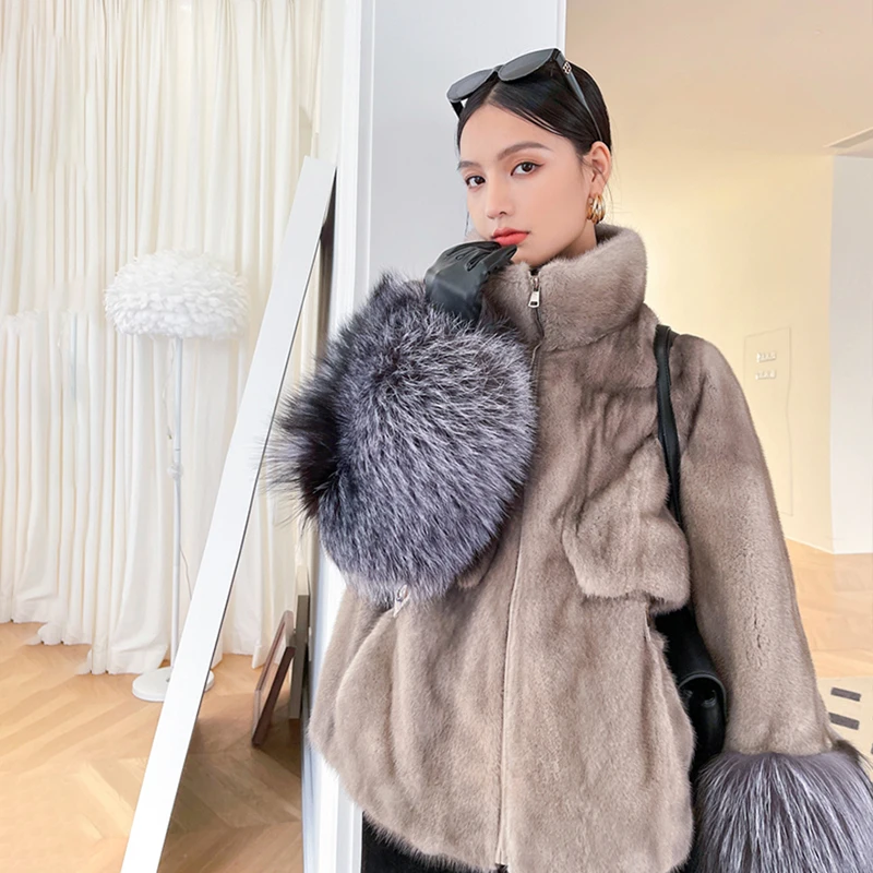 Ftangaiur Winter Import Purple Standard Velvet Mink Fur Coat Women Mandarin Collar Removable Fox Fur Natural Real Mink Fur Coats