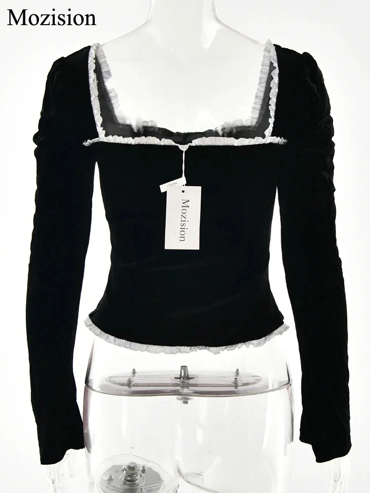 Mozision Square Collar Backless Bandage Sexy T-shirt Women Autumn Winter New Black Shoulder Pad Sleeve Skinny Sexy Party Tops