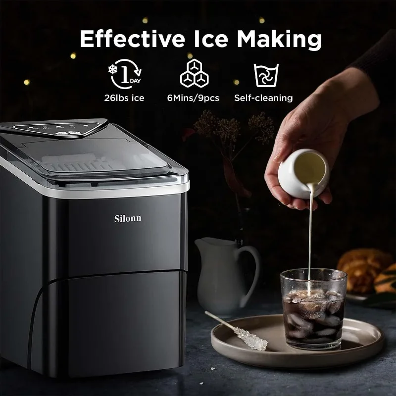 Silonn Ice Maker Arbeits platte, 9 Würfel in 6 Minuten fertig, 26 Pfund in 24 Stunden, selbst reinigende Eismaschine mit Eis schaufel und Korb, Größen