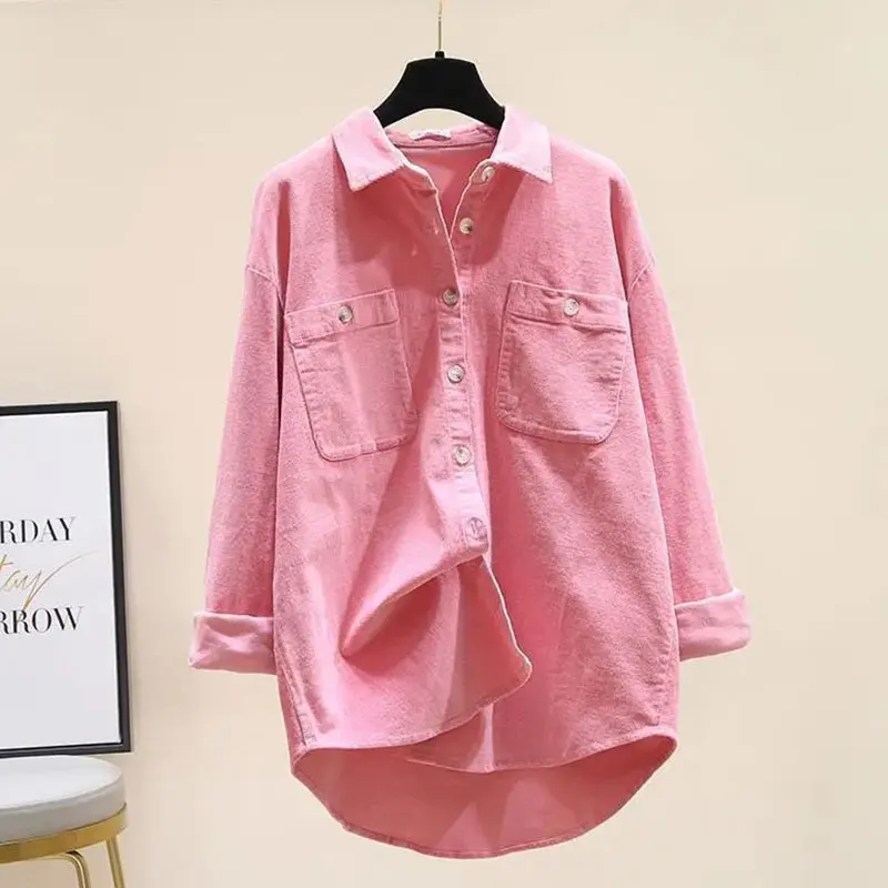 Pink Corduroy Cotton Polo-Neck Single Breasted Long Sleeve Women\'s Blouse Shirt Casual Female Clothing Tops Fashion 2024 Autumn