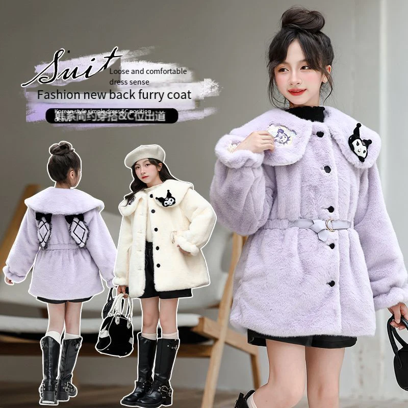 Sanrios Girl Winter Clothes Coat Kuromi Imitation Fur New Child Add Cotton Thicken Keep Warm Kawaii Cartoon Anime Figure Coat