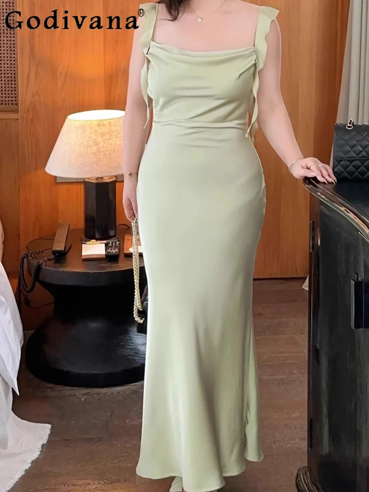 

Large Size XL-4XL Satin Irregular Elegant Square Neck Fashion Long Dress Girl Ribbon Sexy Backless Fishtail Suspender Dresses