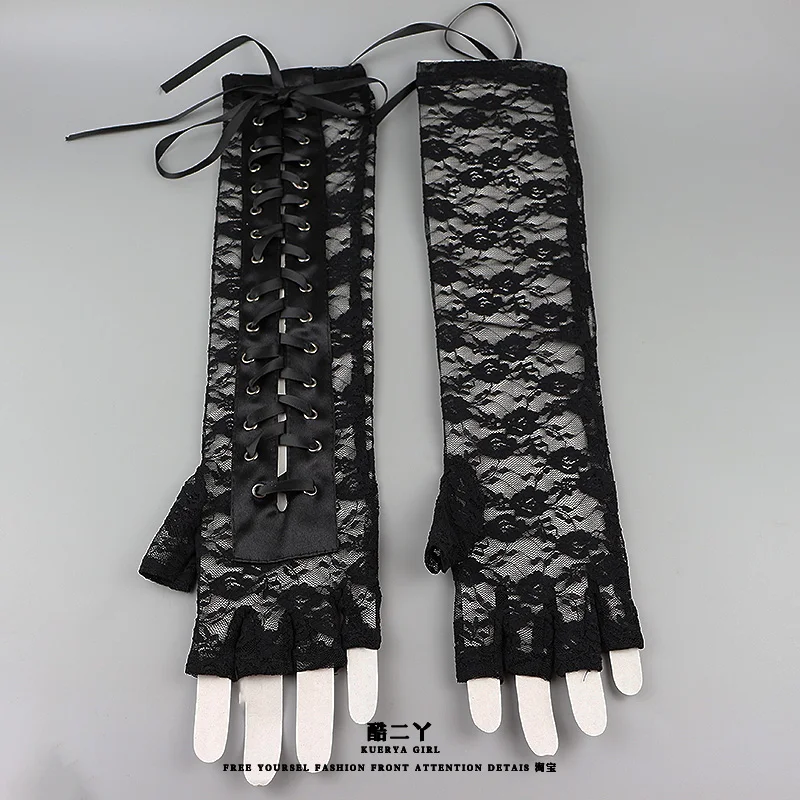 Japanese Black Sexy Lace Straps Long Gloves Punk Babes Hand Sleeves Women ‘s Cosplay Goth Lolita Finger Sleeves Cool Female