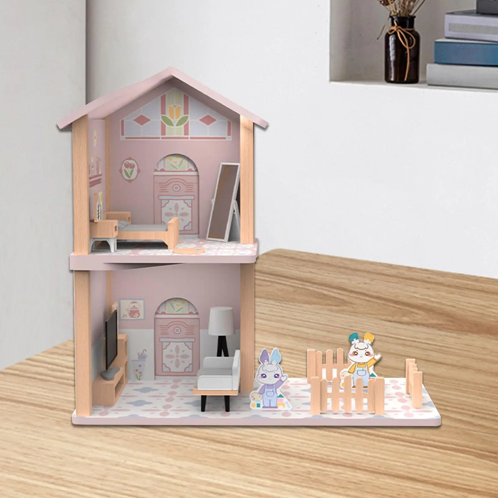 

Wooden Dollhouse Doll House Toy 2 Storey Mini Furniture Toy with Furniture Handmade 3 Years and up European Style House