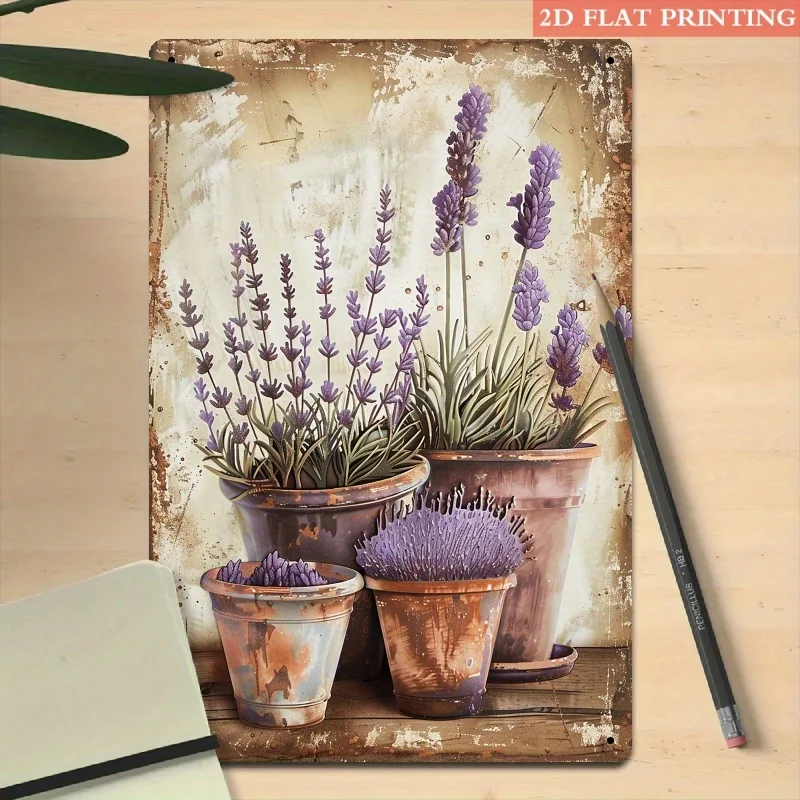 2D Flat - This Is a 2D Flat Metal Sign Featuring Rustic Lavender Potted Plants, Measuring 8.0X12.0 inch. It Serves As Iron Wall
