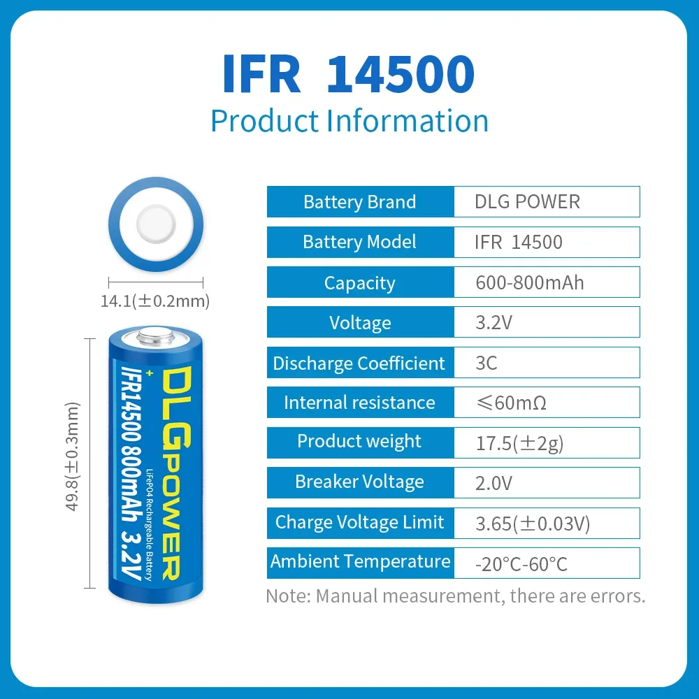 DLGPOWER 14500 3.2V 800mAh LiFePO4 Battery Rechargeable for Discharge Toys Flashlight Wireless Mouse Keyboard Battery