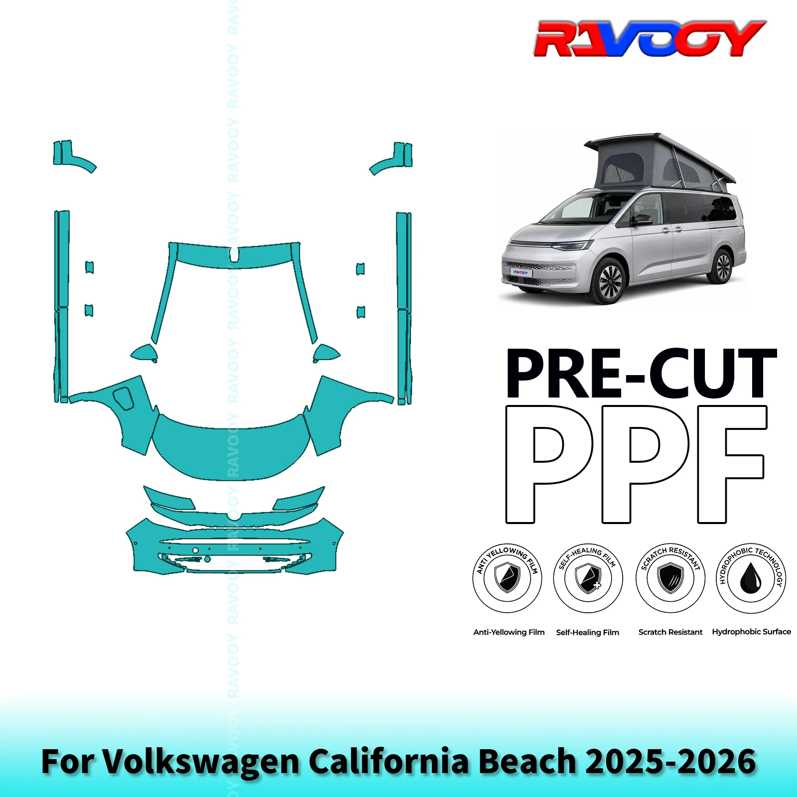 For Volkswagen California Beach 2025-2026 Partial Front+Rockers 8.5Mil Pre-Cut Paint Protection Film PPF Kit | Clear/Matte/Black