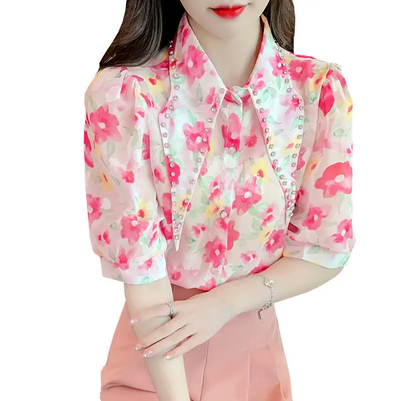 Fashion Puff Sleeve Printed Lapel Diamonds Loose Chiffon Shirt 2022 Summer New Commute Tops Elegant Female Clothing Sweet Blouse