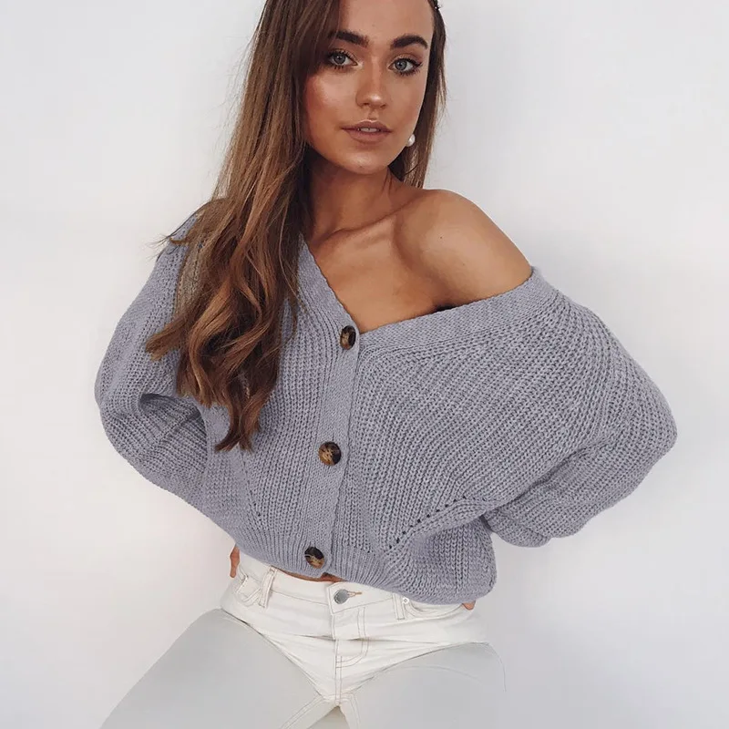 

Autumn and Winter Casual Loose Women's Knitted Sweater New Solid Color V-neck Button Cardigan Lantern Sleeve Sweater