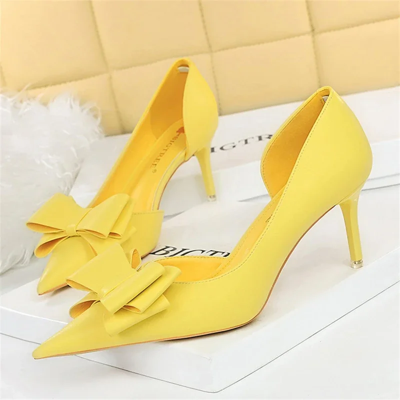 BIGTREE Women High Heels Side Leak Empty Sexy Office Ladies Pointy Bow Wedding Party Stripper Shoes