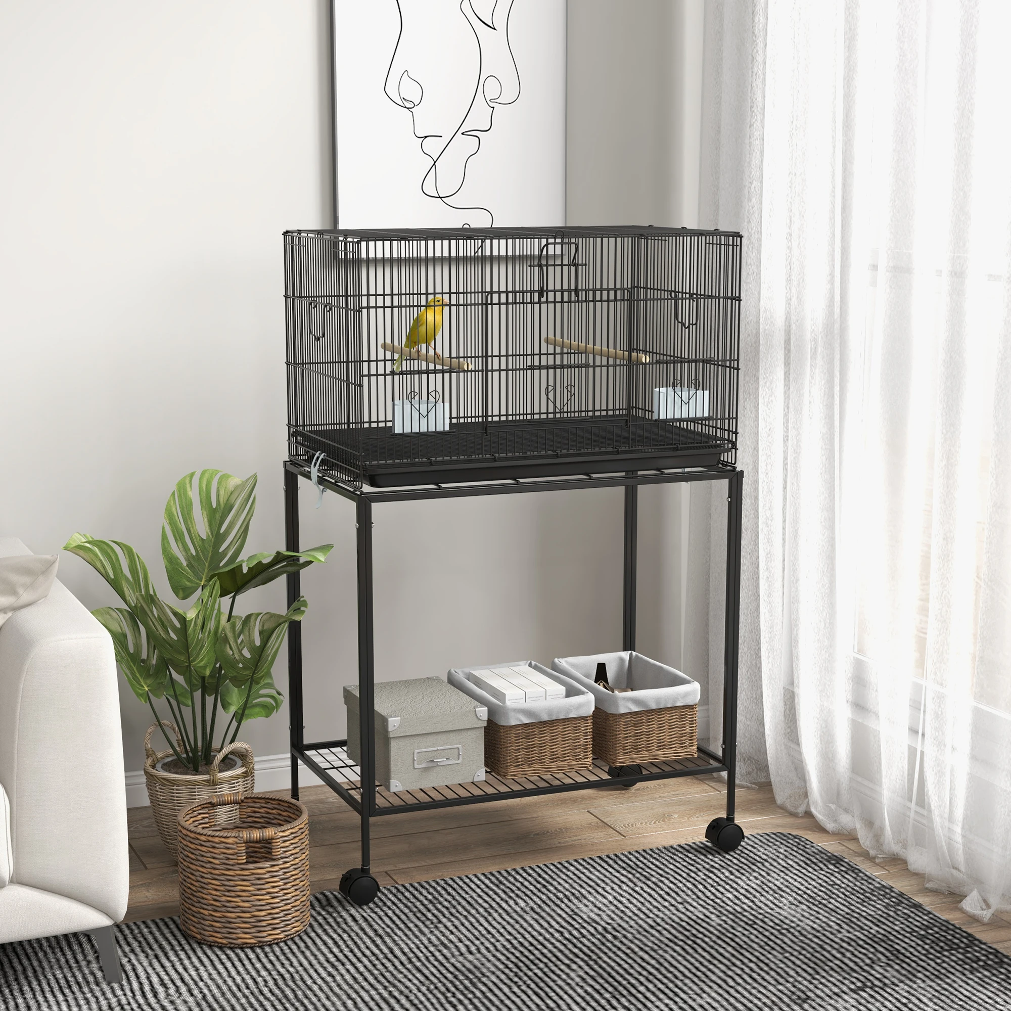 PawHut Jaula para Pájaros con Ruedas 77x46x119 cm con Bandeja Extraíble Negro