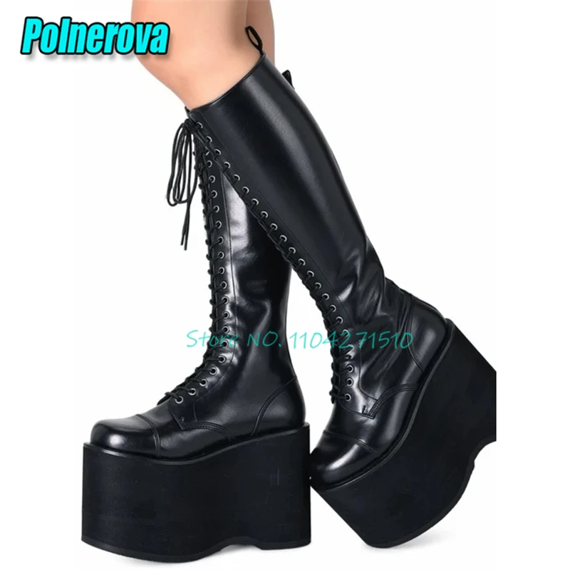 

Женские высокие сапоги в стиле панк на массивном каблуке, черные кожаные, с круглым носком, на толстой подошве, с перекрестной шнуровкой и молнией, большие размеры