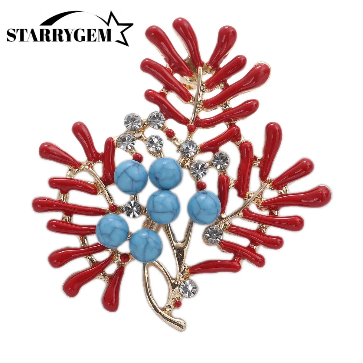 Enamel Coral Brooches for Women Rhinestone Pearl Turquoise Design Plant Pins Office Party Friend Gifts Jewelry Accessories