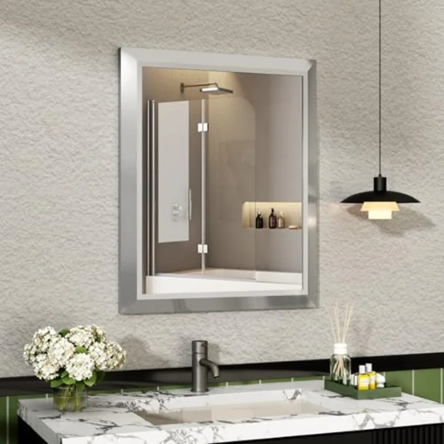 

Brushed Bathroom Mirror for Over Sink 24"x 28" Metal Thick Framed Rectangle Vanity Mirror for Wall Right Angle Corner Anti-Rust