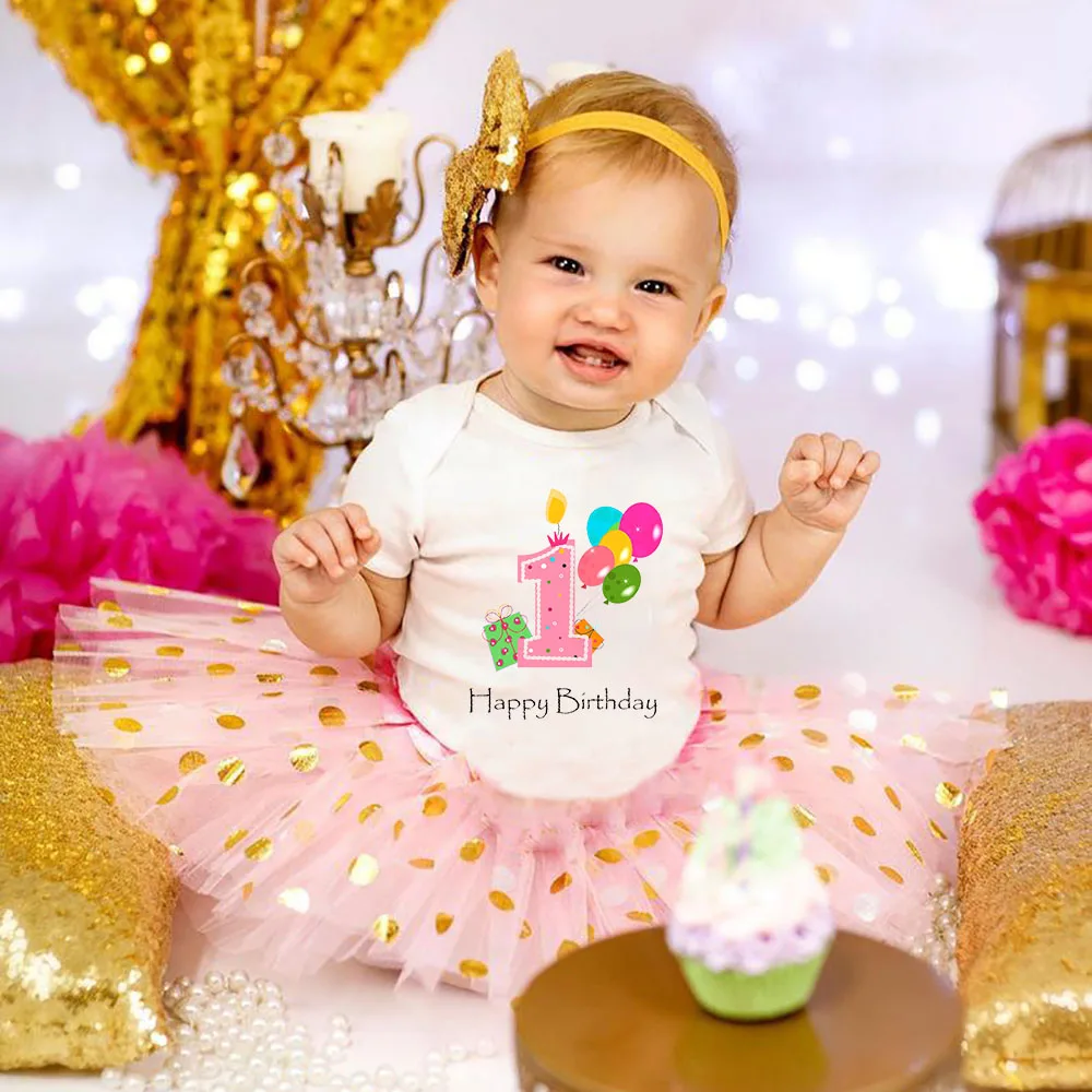 

1st Birthday Baby Tutu Dresses Happy Birthday Girl Ballon Cake Smash Outfits Newborn Short Sleeve Bodysuits Baby Shower Gifts