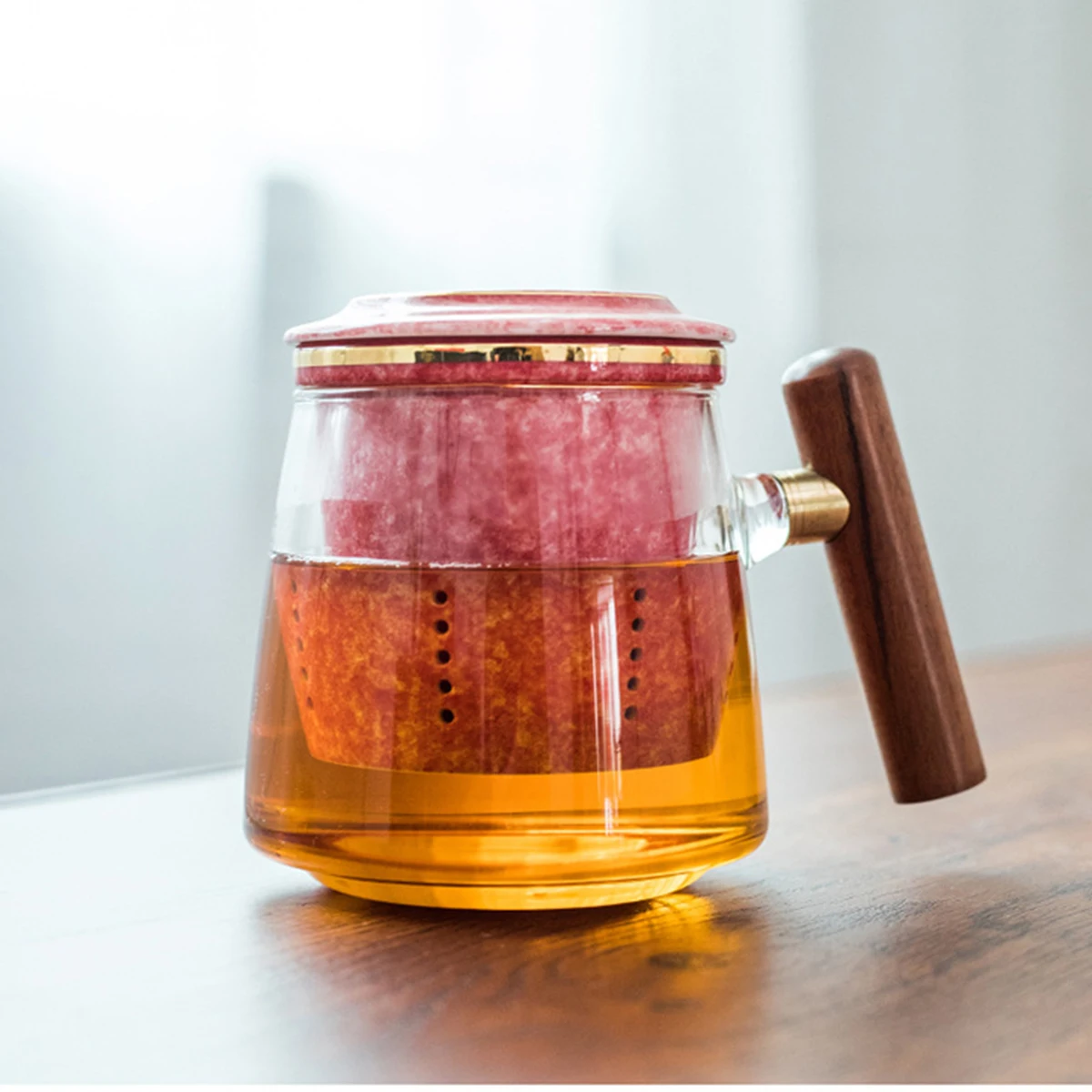 1 Juego de taza de té de vidrio interno, tapa de infusor de cerámica con mango de madera, taza de jugo de leche y café para el hogar y la Oficina, taza para beber portátil segura de 400ml