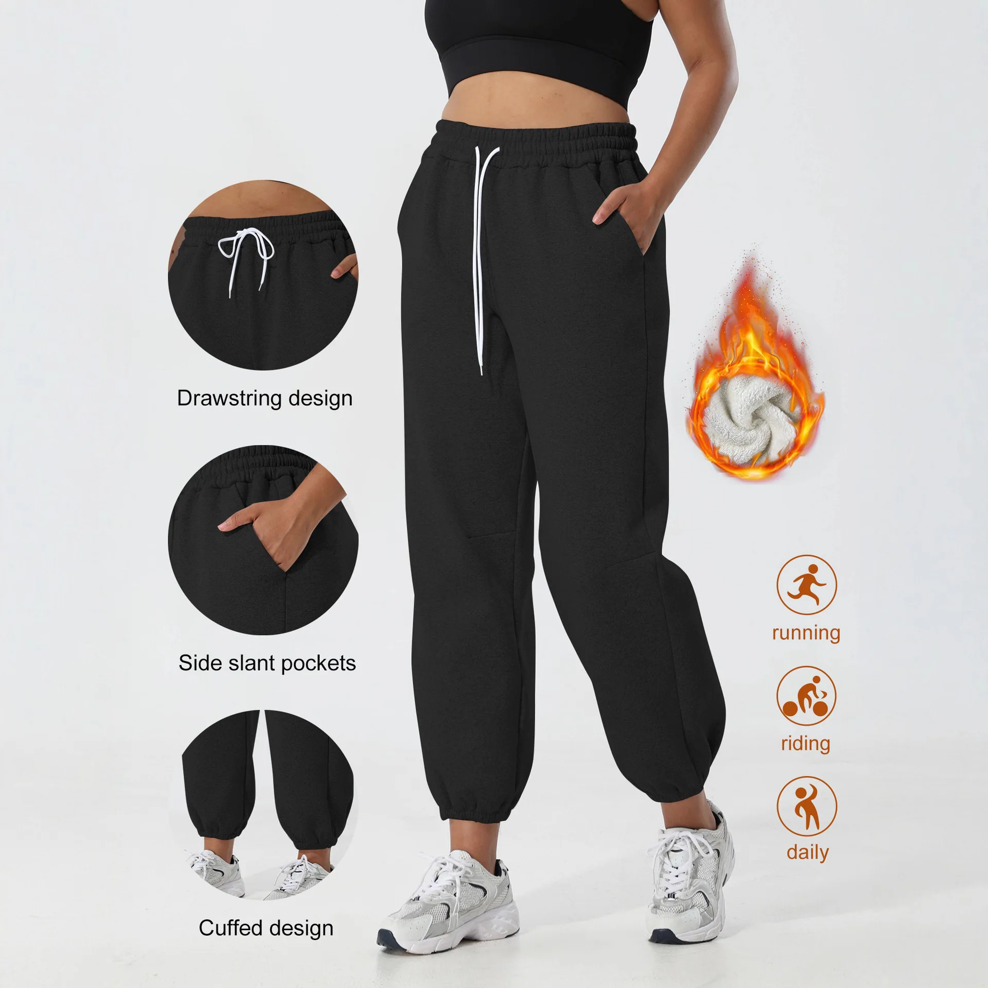 Women Fleece Lined Jogger Pants Drawstring Waist Side Pockets Cuffed Ankle Winter Running Sports Sweatpants
