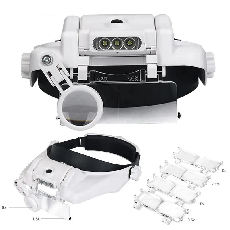 Headband Magnifier Glass Magnifying Glasses with LED Light Jewelry Appraisal 10x 15x 20x 25x Adjustable Lens Loupe