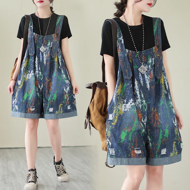 

Summer Women's Denim Overalls Shorts High Waist Wide Leg Pants Fashionable Youthful Print Design plus Size European Style