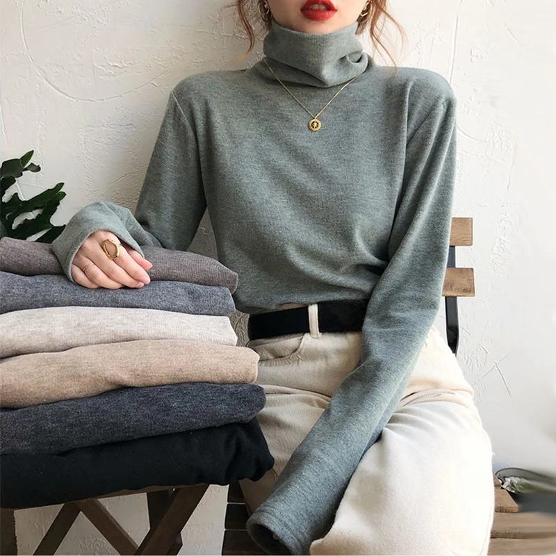 قميص داخلي نسائي كوري بياقة عالية مبطن وطويل الأكمام بقصة مستقيمة للخريف والشتاء