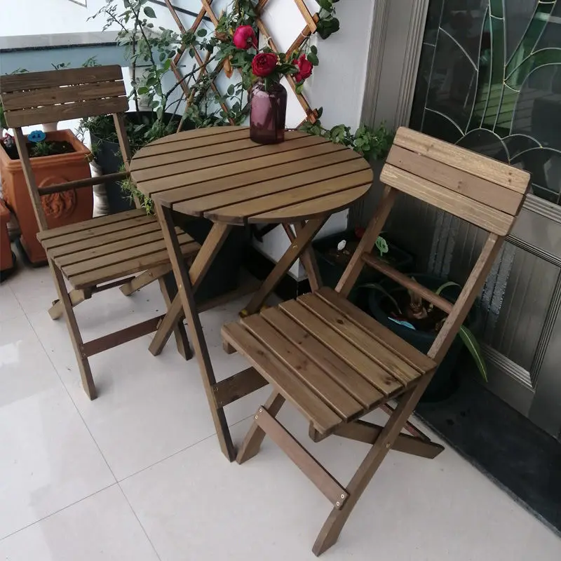 

Internet celebrity three-piece set of tables and chairs folding tea table small solid wood garden balcony rental house stall nig