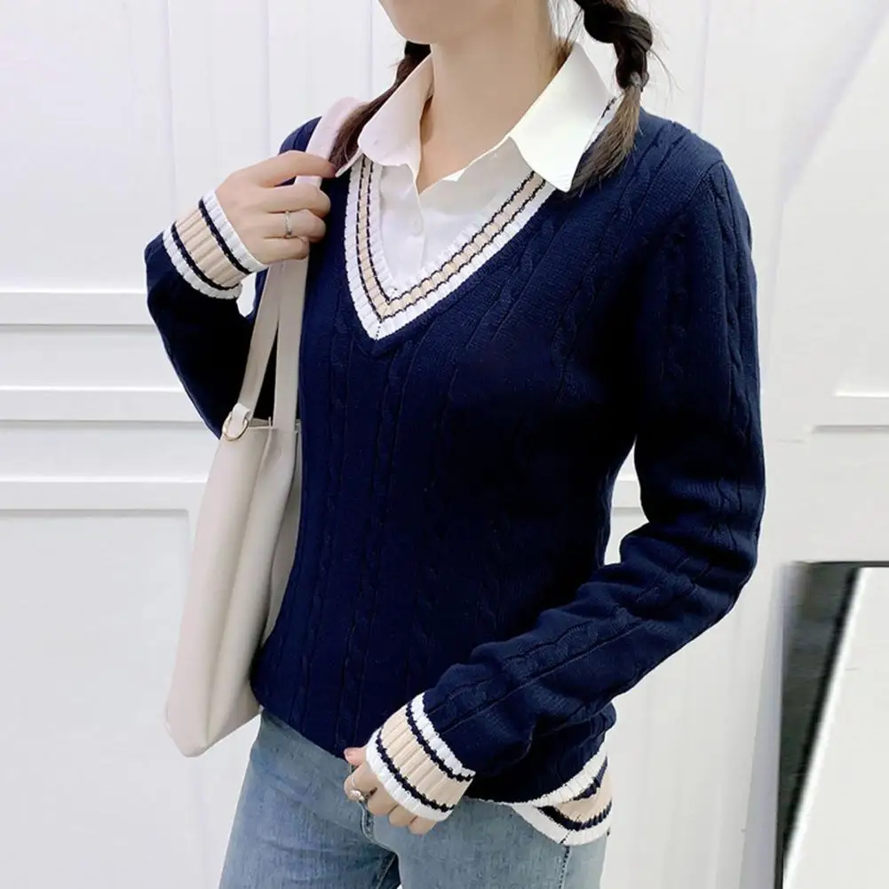 

School Uniform Sweater Color-blocking V-neck Sweater for Couples Preppy Style Knit Tops with Twist Texture Loose Fit School