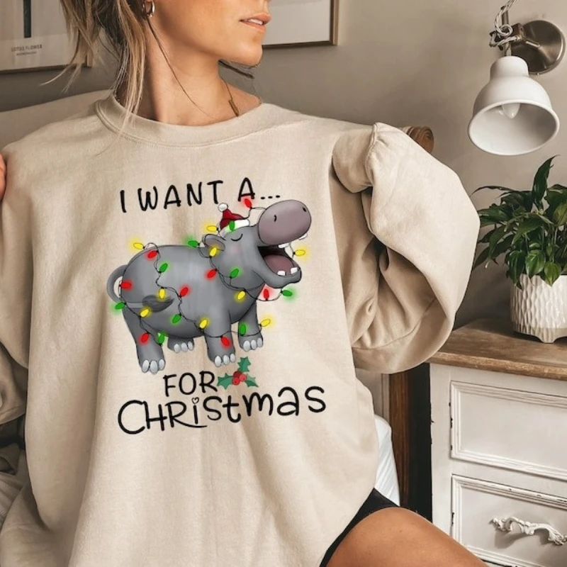 

Толстовка с капюшоном «Merry Christmas I Want A Hippopotamus» в подарок на Рождество, осенне-зимняя термотолстовка с длинными рукавами