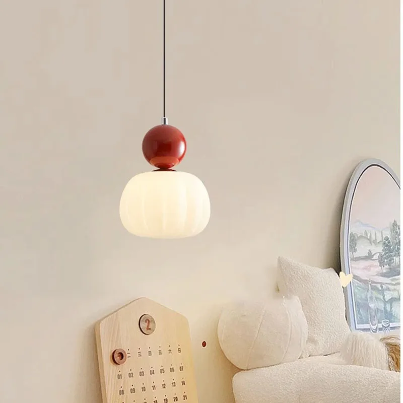 

French Cream Style Bedroom Bedside Pumpkin Pendant Light Single Head Modern Minimalist Dining Room Decoration Small Chandelier