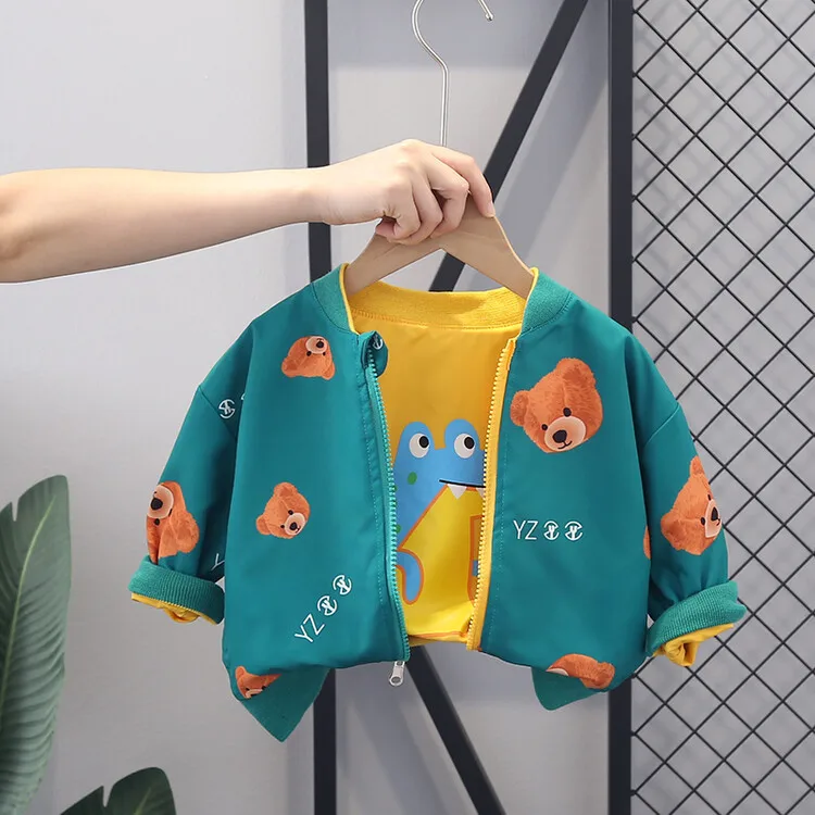 Kids Baby Boys Outerwears 2024 Spring Autumn Cartoon Bear Reversible Cotton Toddler Boys Coat Zipper Children Boys Jacket